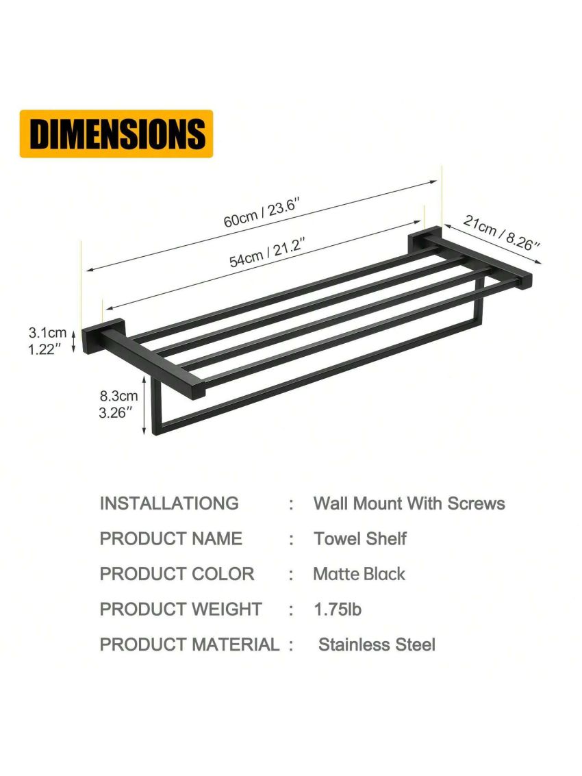 BESy 1pc 22.2-Inch SUS 304 Stainless Steel Towel Racks Holder for Bathroom, Bathroom Shelf with Towel Bar, Multifunction Single Towel Bar Hotel Style, Bathroom Accessories Screw Wall Mount, Matte Black Finish