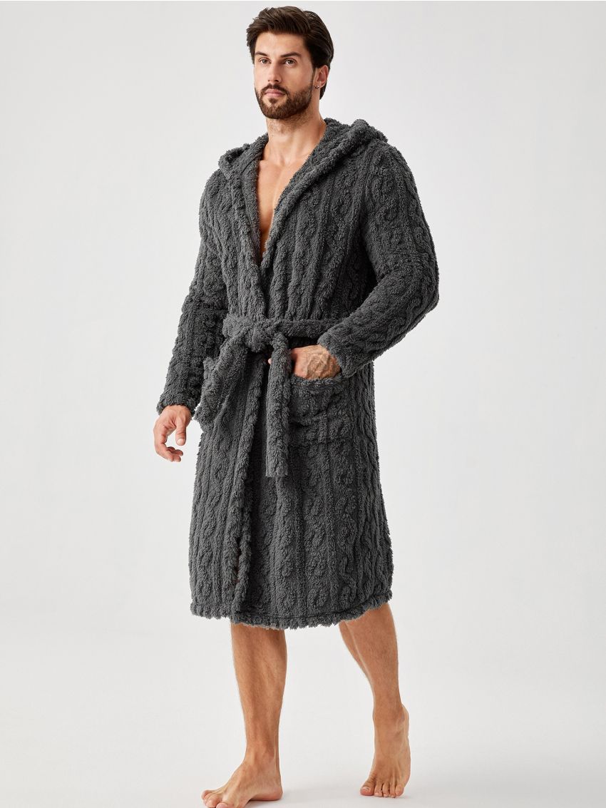 Men Pocket Patched Hooded Belted Lounge Robe