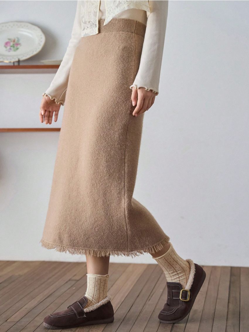 FRIFUL Women's Fringed Hem Sweater Skirt