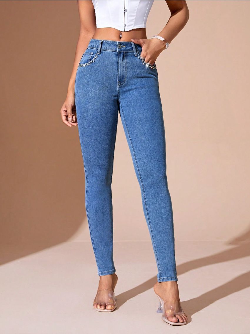 SHEIN BAE Women's Fashionable Rhinestoned Denim Tights