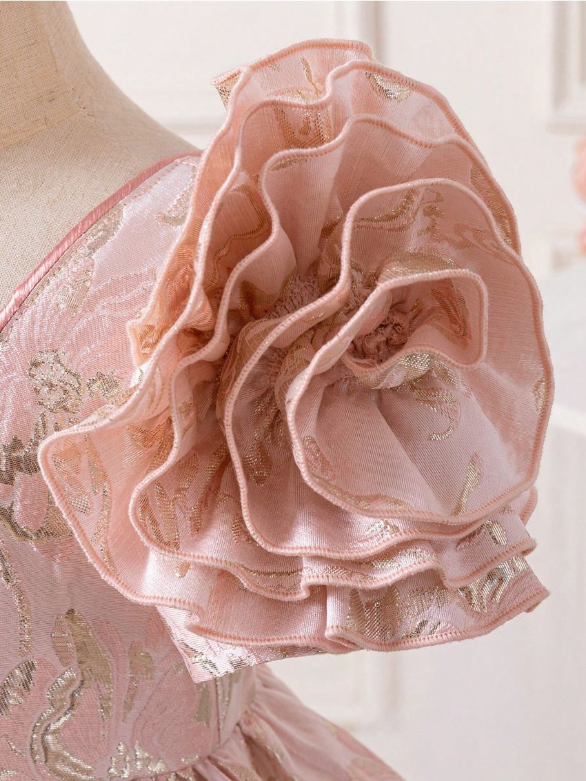 SHEIN Kids CHARMNG Little Girls' Square Neck Dress With 3d Rose Decoration And Jacquard Fabric