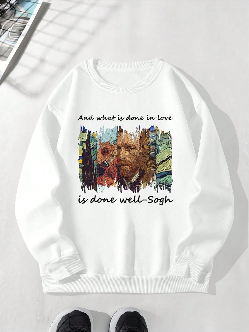 Men'S Plus Size Fleece Sweatshirt With Slogan And Oil Painting Print