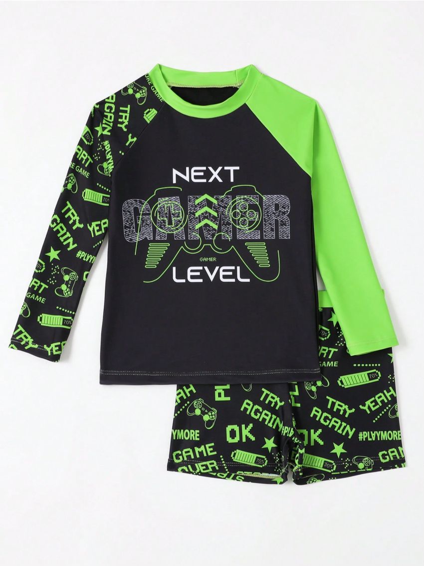 Boys' Swimwear, Long Sleeve Rashguard Top With Trunks, Suitable For Beach And Seaside Vacation