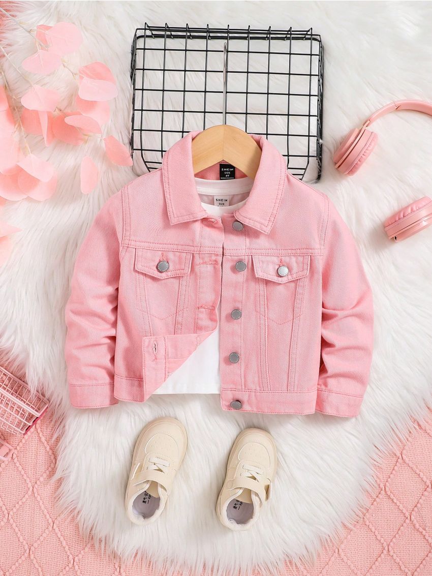 SHEIN Young Girl Heart Sequin Insert Flap Detail Denim Jacket