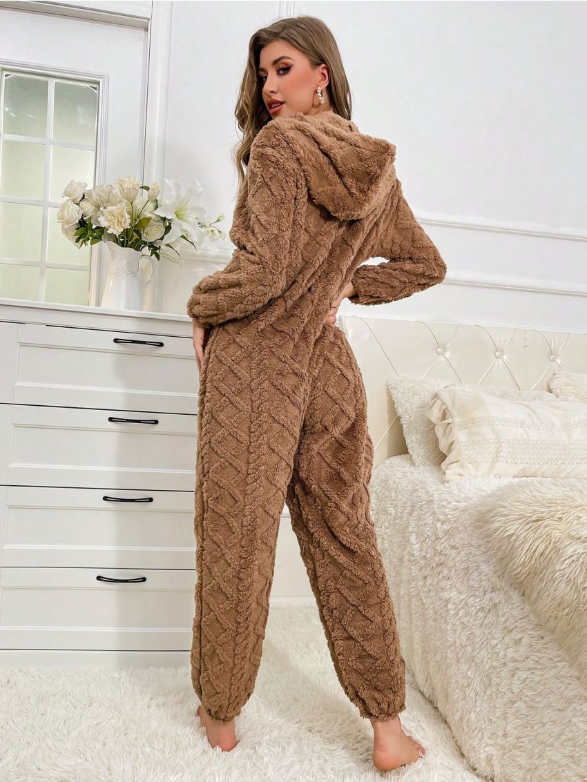 Half Zip Hooded Flannelette Lounge Jumpsuit