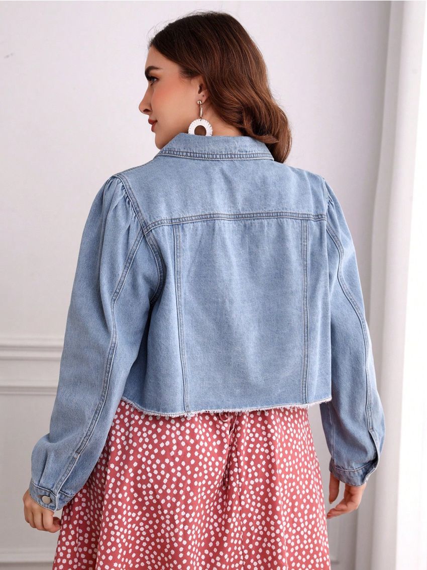 Plus Flap Pocket Raw Hem Denim Jacket
