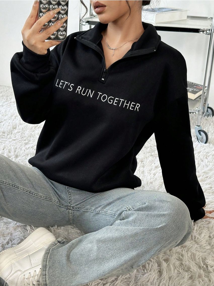 Text Printed Half Zip Casual Sweatshirt
