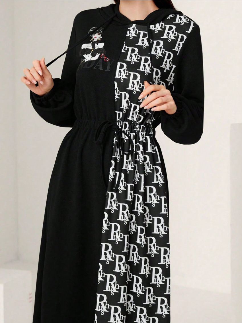SHEIN Mulvari Women's Hooded Drawstring Letter Printed Sweatshirt Dress