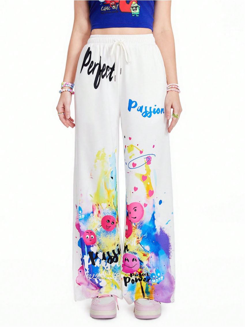 SHEINNeu Kidcore Dopamine Cartoon Graphic Casual Pants White Pants Concert Pants