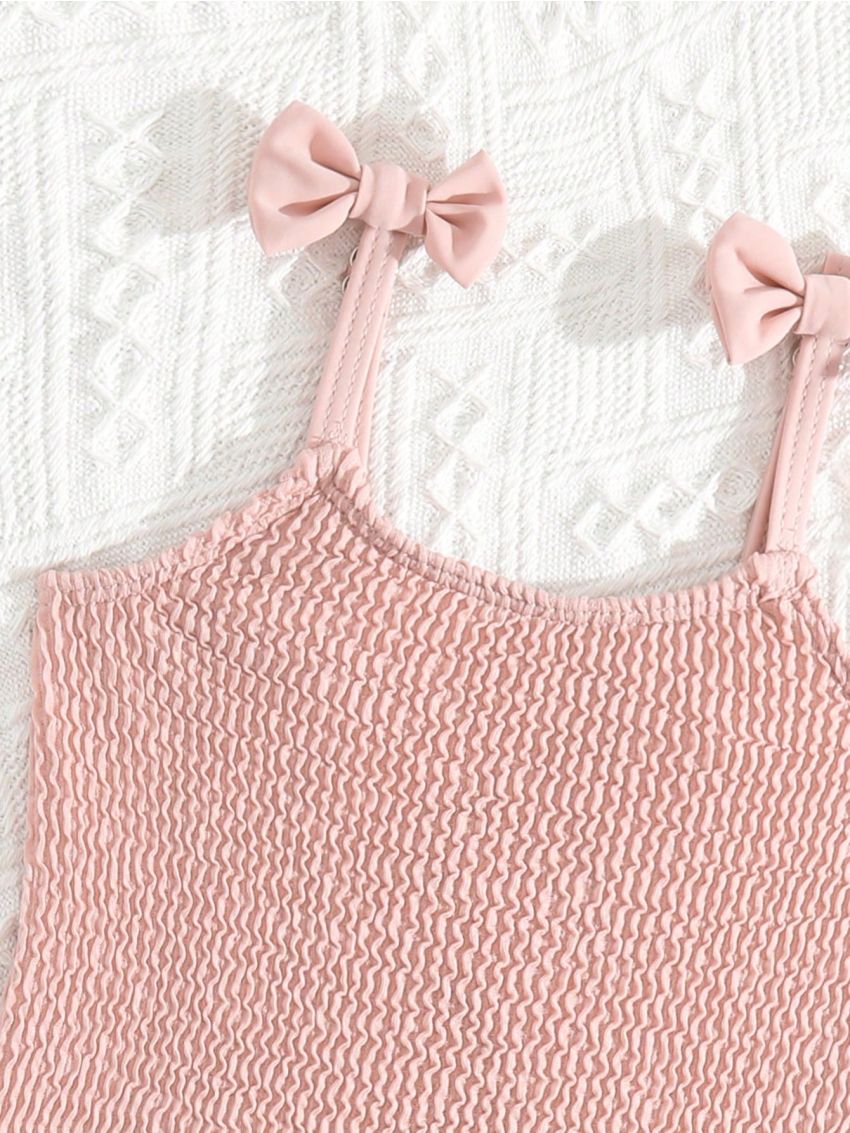 Infant Girls' Summer Swimwear With Unique Pebble Stripe Fabric And Little Bow Decoration