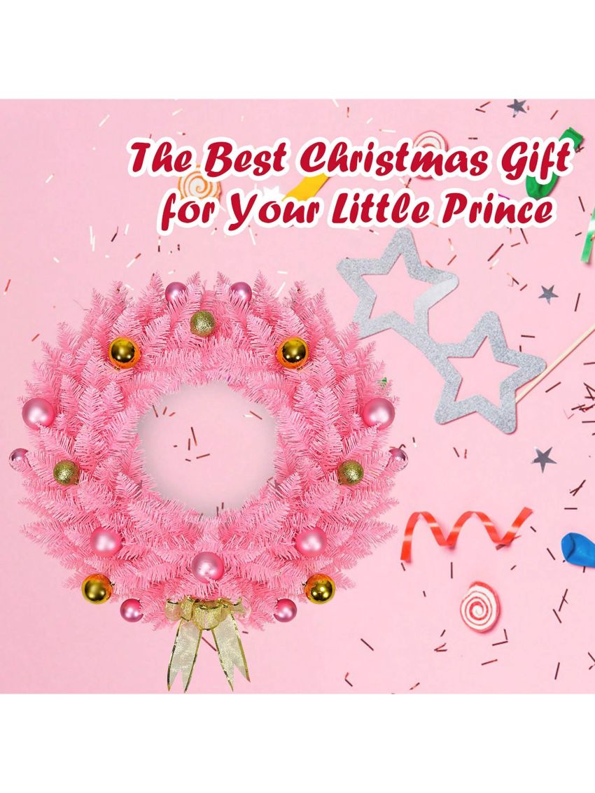 Costway 24'' Artificial PVC Christmas Wreath 140 Tips w/ Ornament Balls & Golden Bow Pink