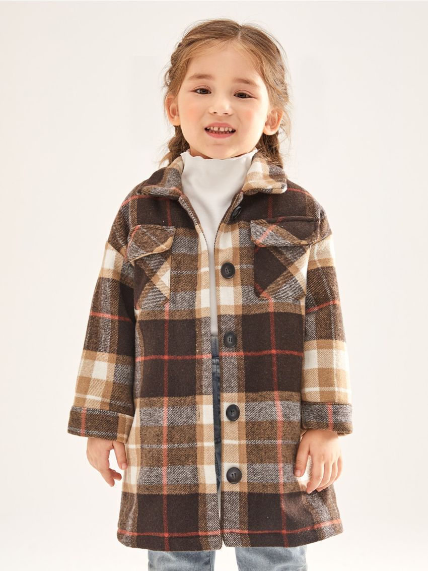 SHEIN Toddler Girls Plaid Print Flap Pocket Drop Shoulder Overcoat