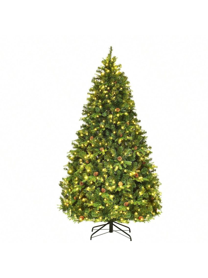 Gymax Pre-Lit 7' Premium Spruce Artificial Christmas Tree Hinged 460 LED Lights Pine Cones