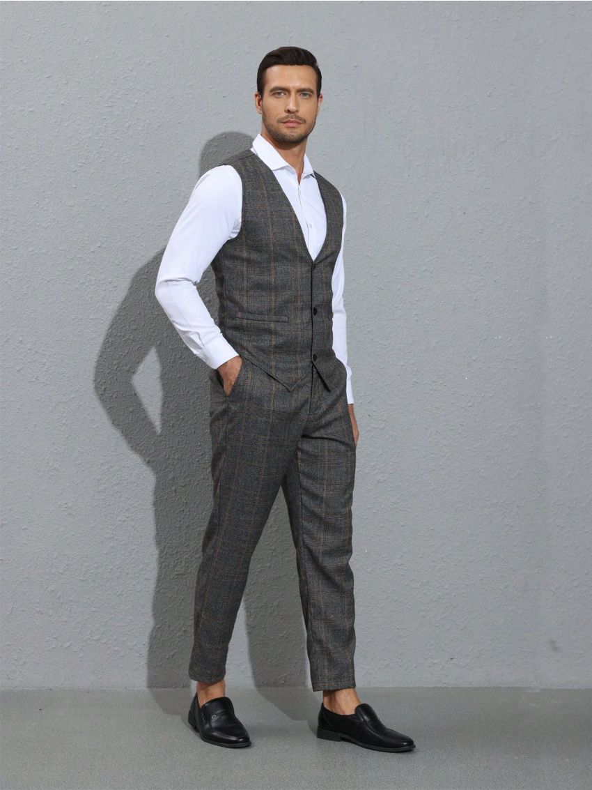 Manfinity Men's Plaid Button Vest Pants Suit Set