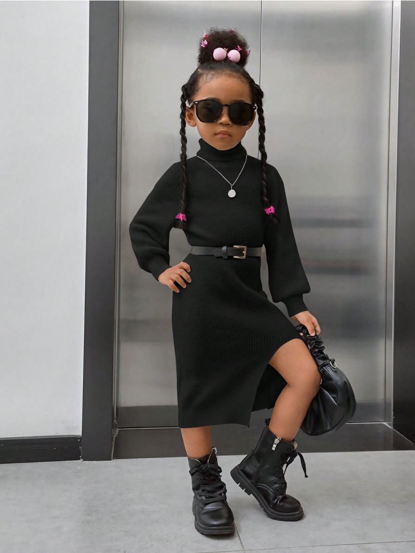 SHEIN Toddler Girls' Casual Slim Fit High-Necked Sweater Dress With Side Slit And Overhead Design