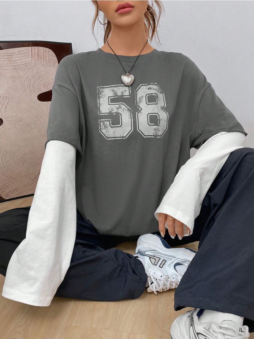 SHEIN EZwear Letter Graphic Drop Shoulder 2 In 1 Tee