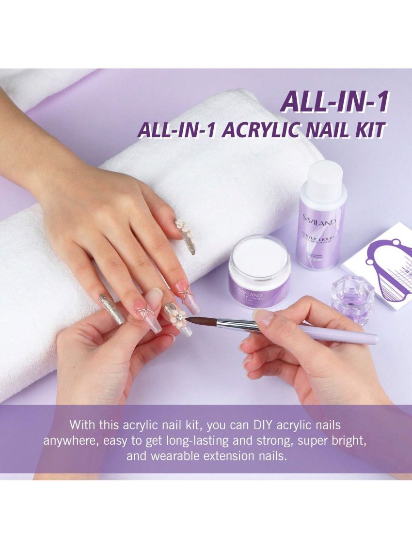 Saviland Acrylic Nail Kit – 30g Clear Acrylic Powder and 60ml Acrylic Liquid Set with Acrylic Nail Brush Nail Forms Tools Set Extension Nail Kit for Beginners with Everything for Home DIY Salon Acrylic Nails Application