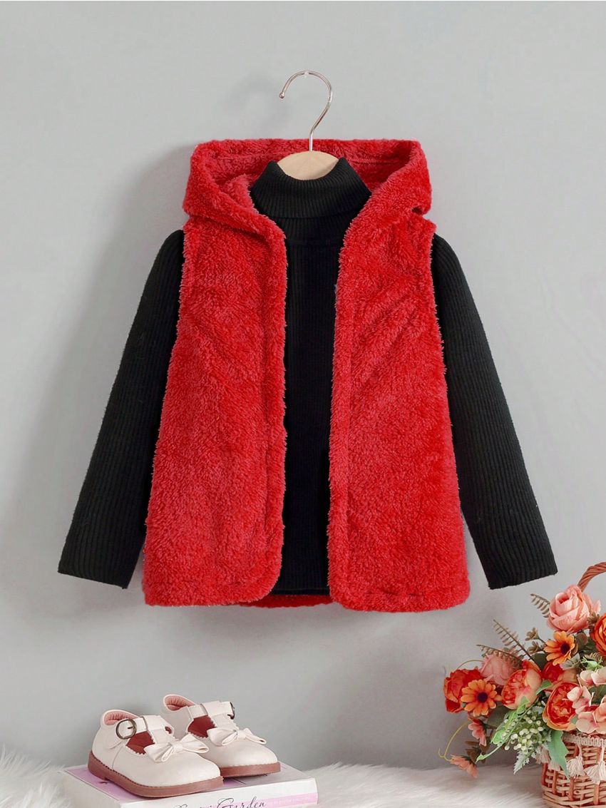 Young Girl Open Front Hooded Teddy Vest Coat Without Tee