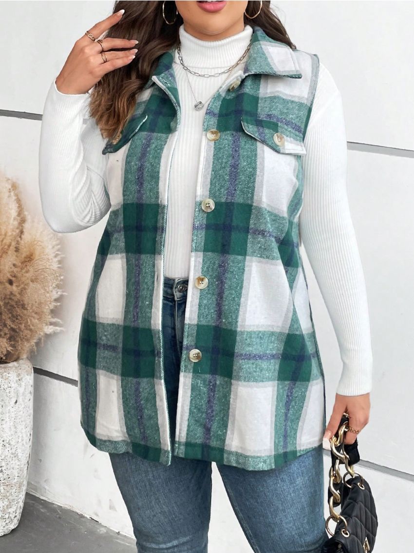 SHEIN CURVE+ Plus Plaid Print Flap Detail Vest Overcoat