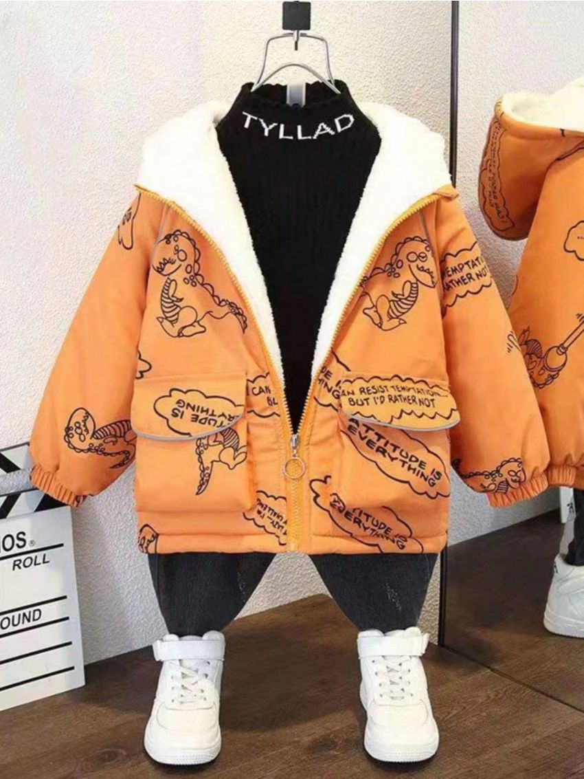 Young Boy Dinosaur Pattern Fleece Lined Zipper Hooded Jacket For Warmth