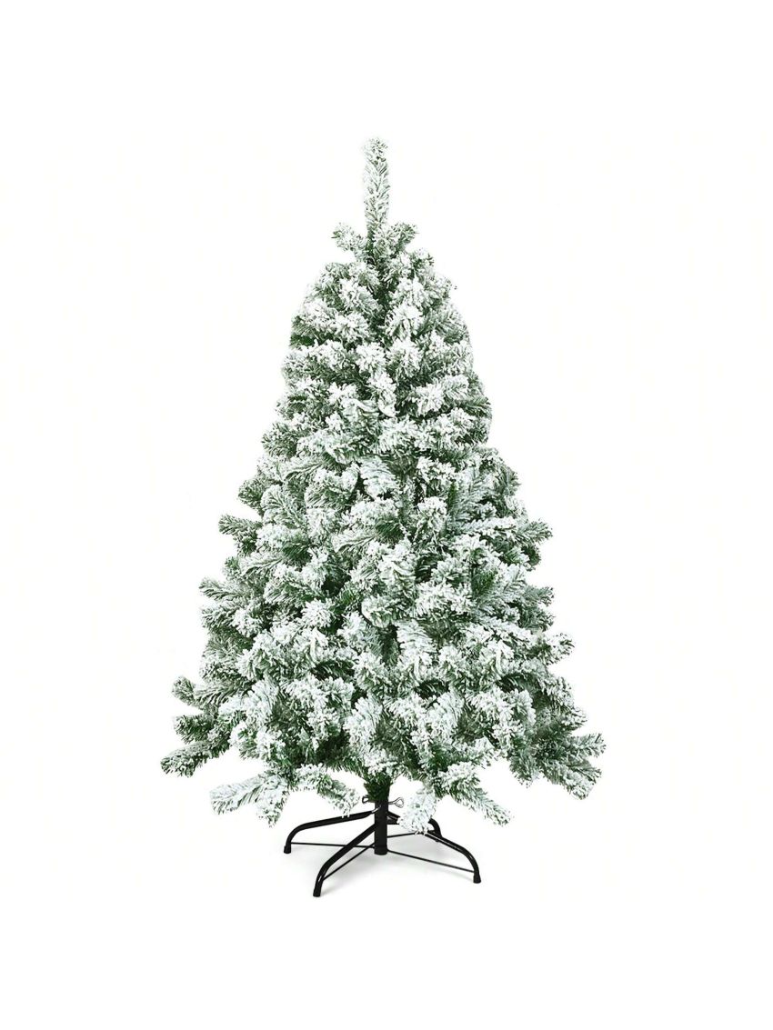 Costway 4.5FT Artificial Hinged Christmas Tree Snow Flocked Pine Tree w/400 Tips and Foldable Base