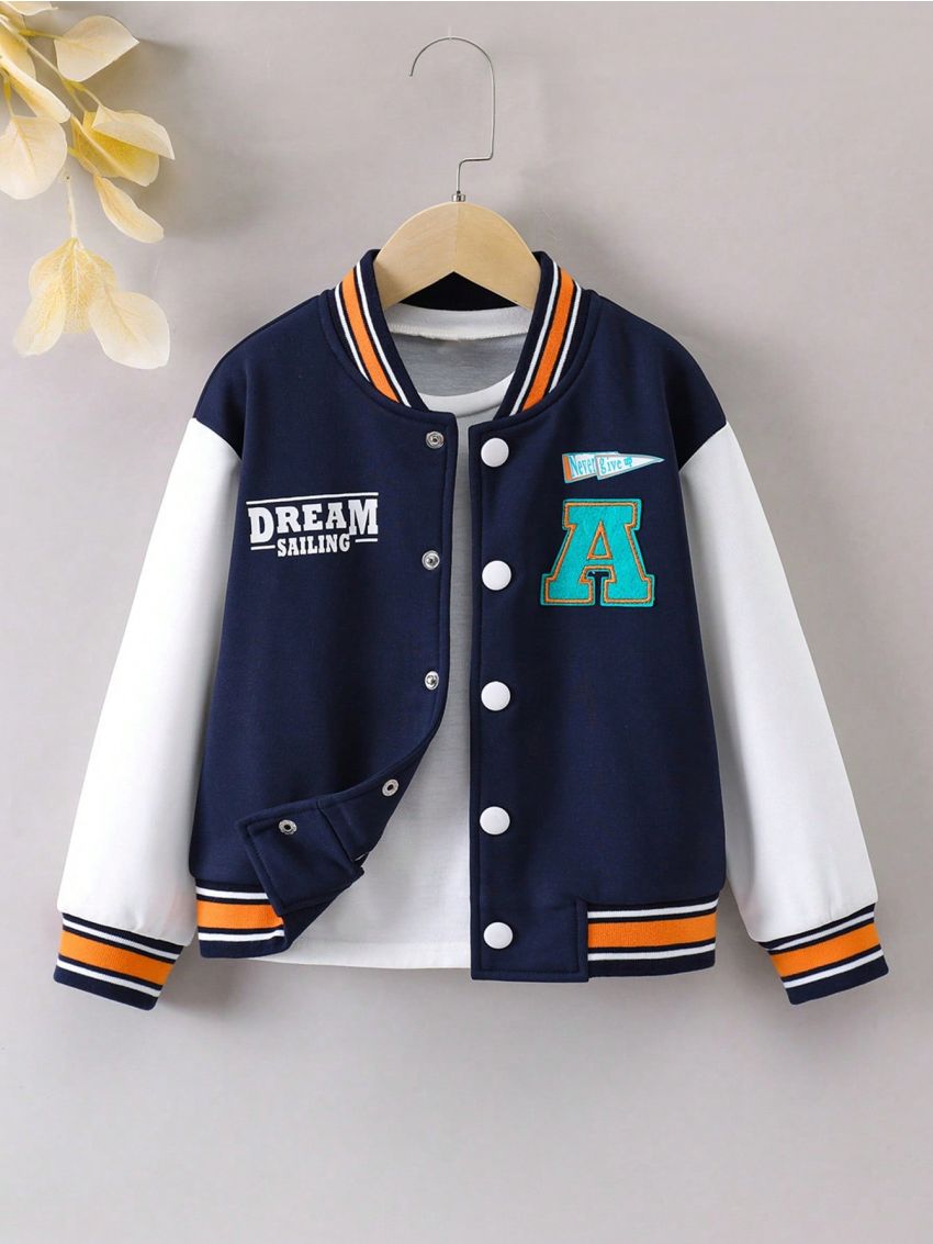 SHEIN Kids EVRYDAY Little Girls' Casual Daily Colorblock Letter Baseball Jacket For Autumn And Winter