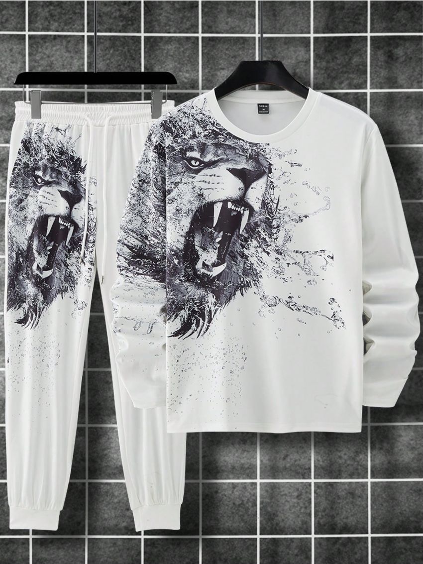 Manfinity EMRG Men's Lion Printed Long Sleeve T-shirt And Pants Set