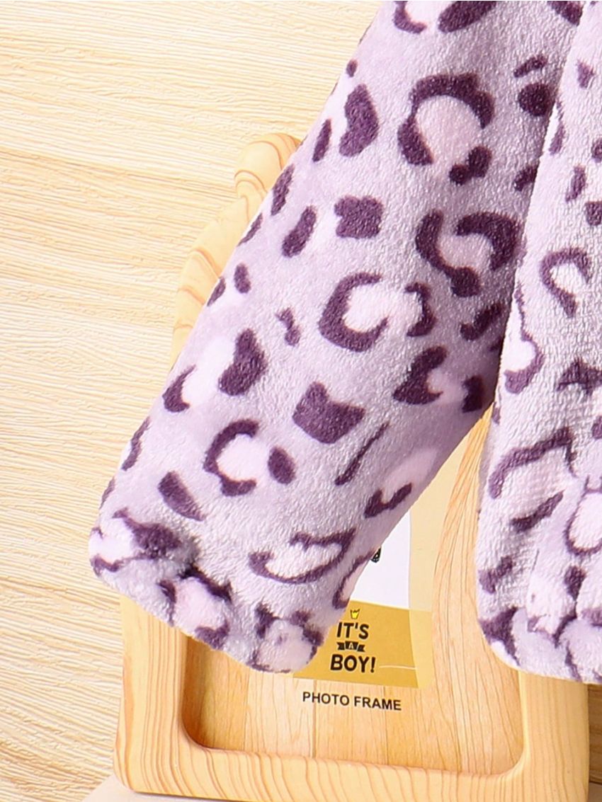 Baby Girl Leopard Pattern Hooded Flannel Coat Without Tee