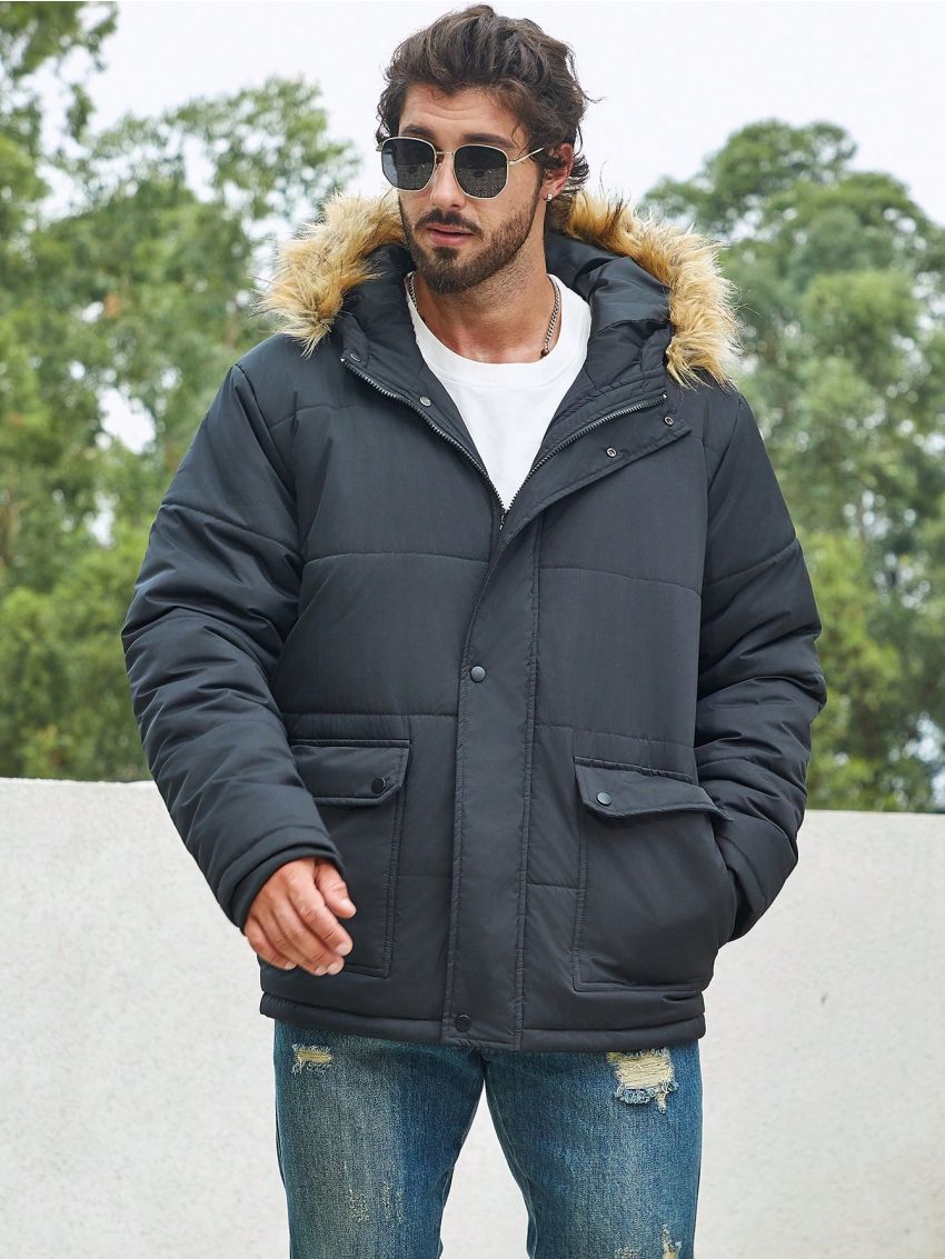 Men Plus Flap Pocket Fuzzy Trim Hooded Winter Coat