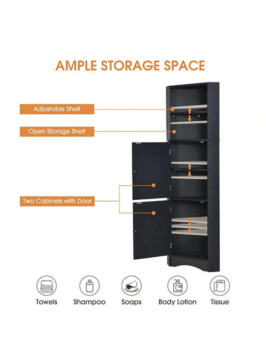 Tall Bathroom Corner Cabinet, Freestanding Storage Cabinet with Doors and Adjustable Shelves, MDF Board, Black