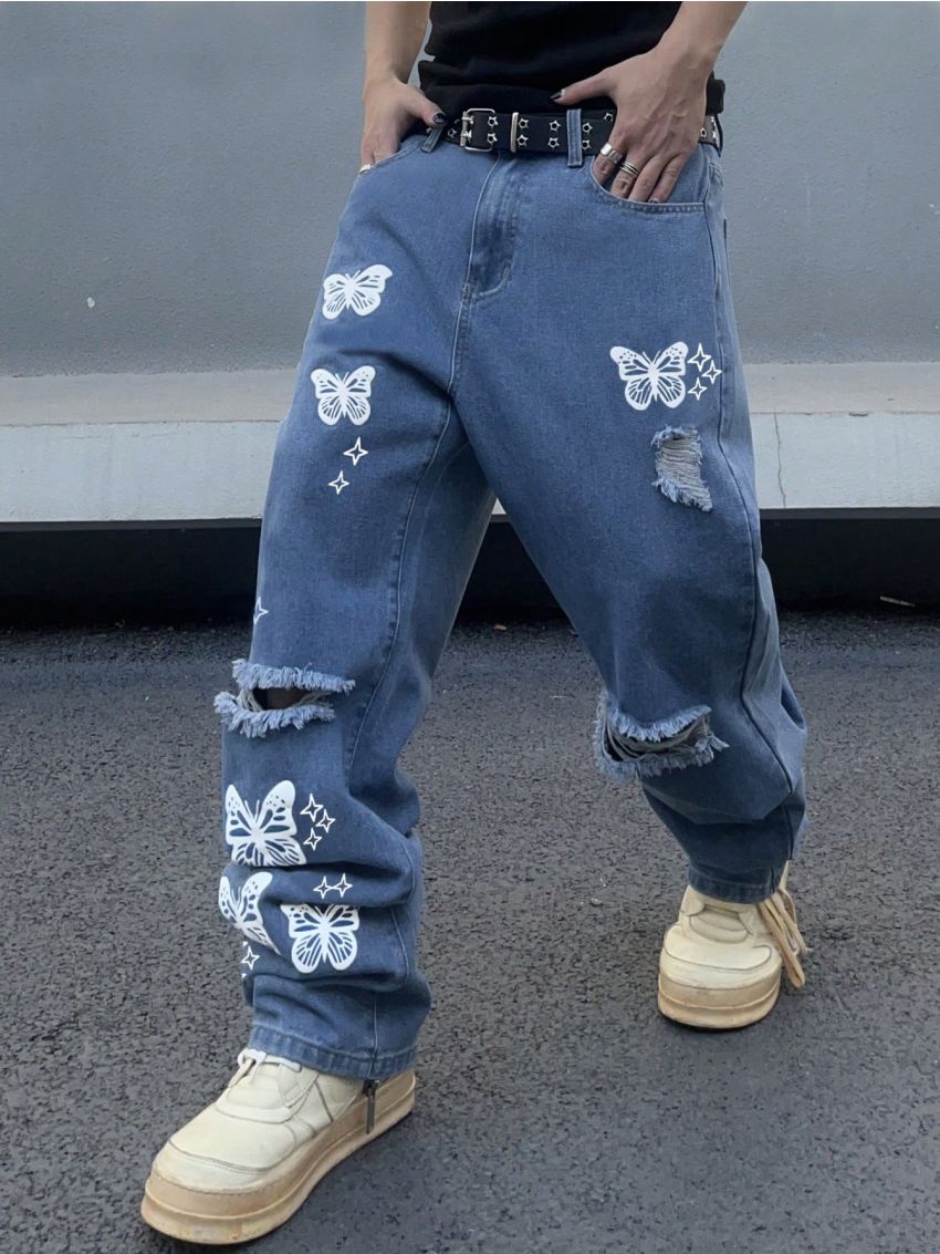 Loose Fit Men's Ripped Jeans With Butterfly Pattern Print
