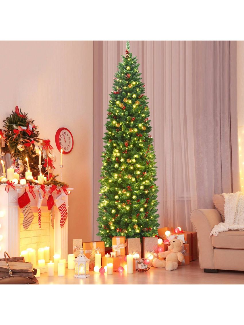Gymax 7.5Ft Pre-Lit Pencil Christmas Tree Hinged Artificial Slim Tree w/ LED Lights