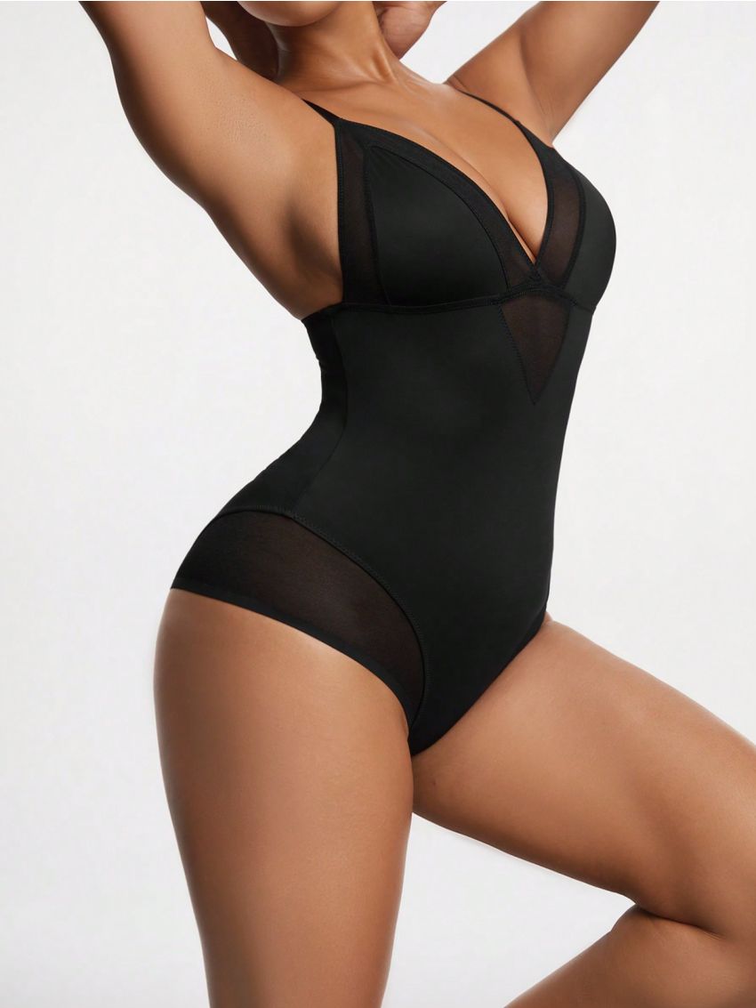 SHEIN SHAPE Women's Spliced Mesh Camisole Bodysuit With Shapewear