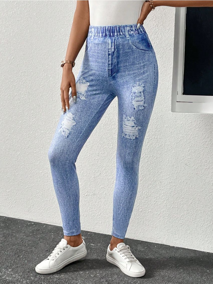 SHEIN LUNE Ladies' Printed Faux Denim Leggings