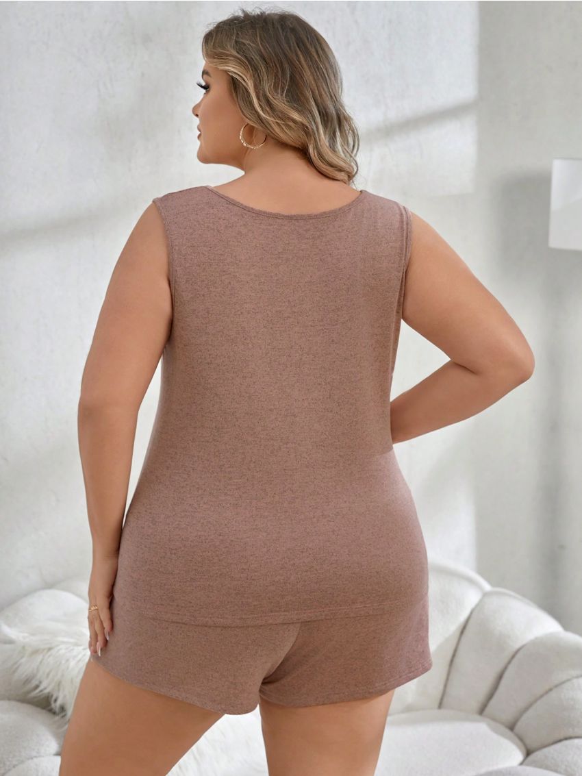 Plus Size V-Neck Tank Top And Shorts Casual Sleepwear Set