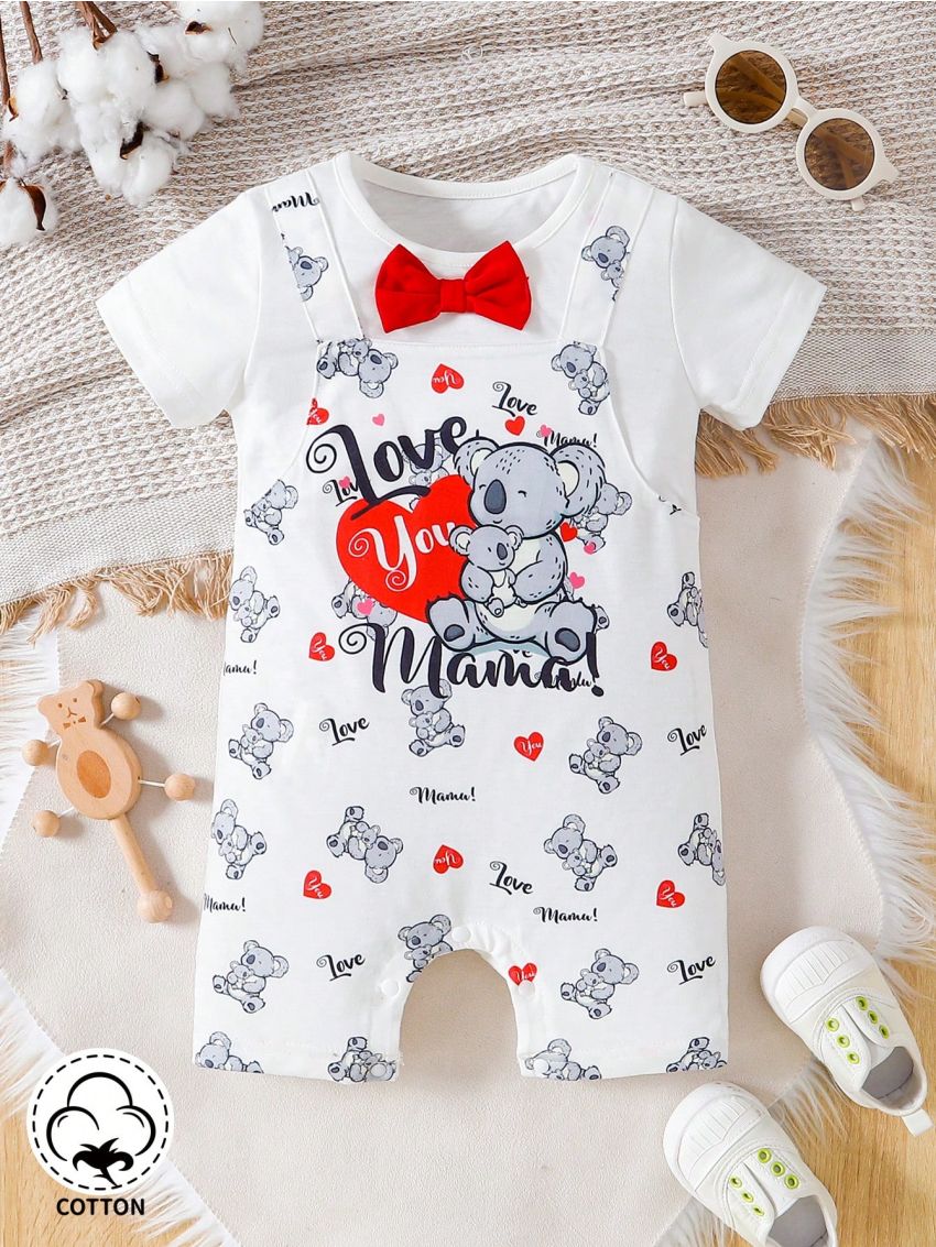 Baby Boy Cute Koala Printed Romper With Bowtie Collar And Elastic Waist Shorts