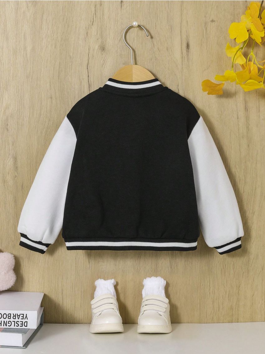 SHEIN Baby Girl Letter & Bear Print Striped Trim Varsity Jacket Without Tee
