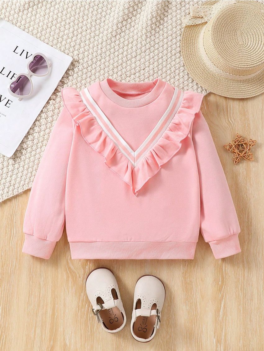 Little Girls' Striped Pullover Sweatshirt With Ruffle Hem Detail