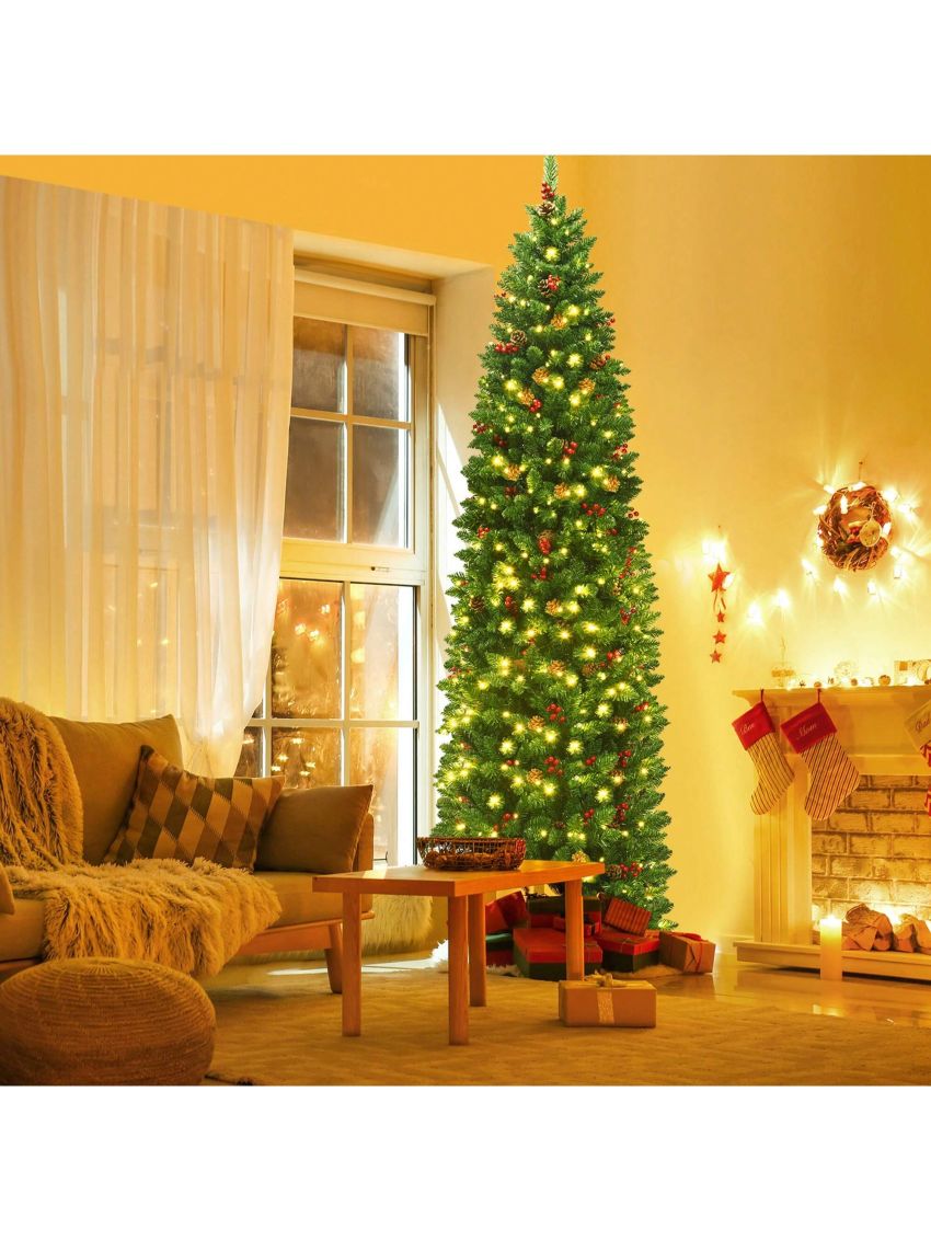 Gymax 7.5Ft Pre-Lit Pencil Christmas Tree Hinged Artificial Slim Tree w/ LED Lights