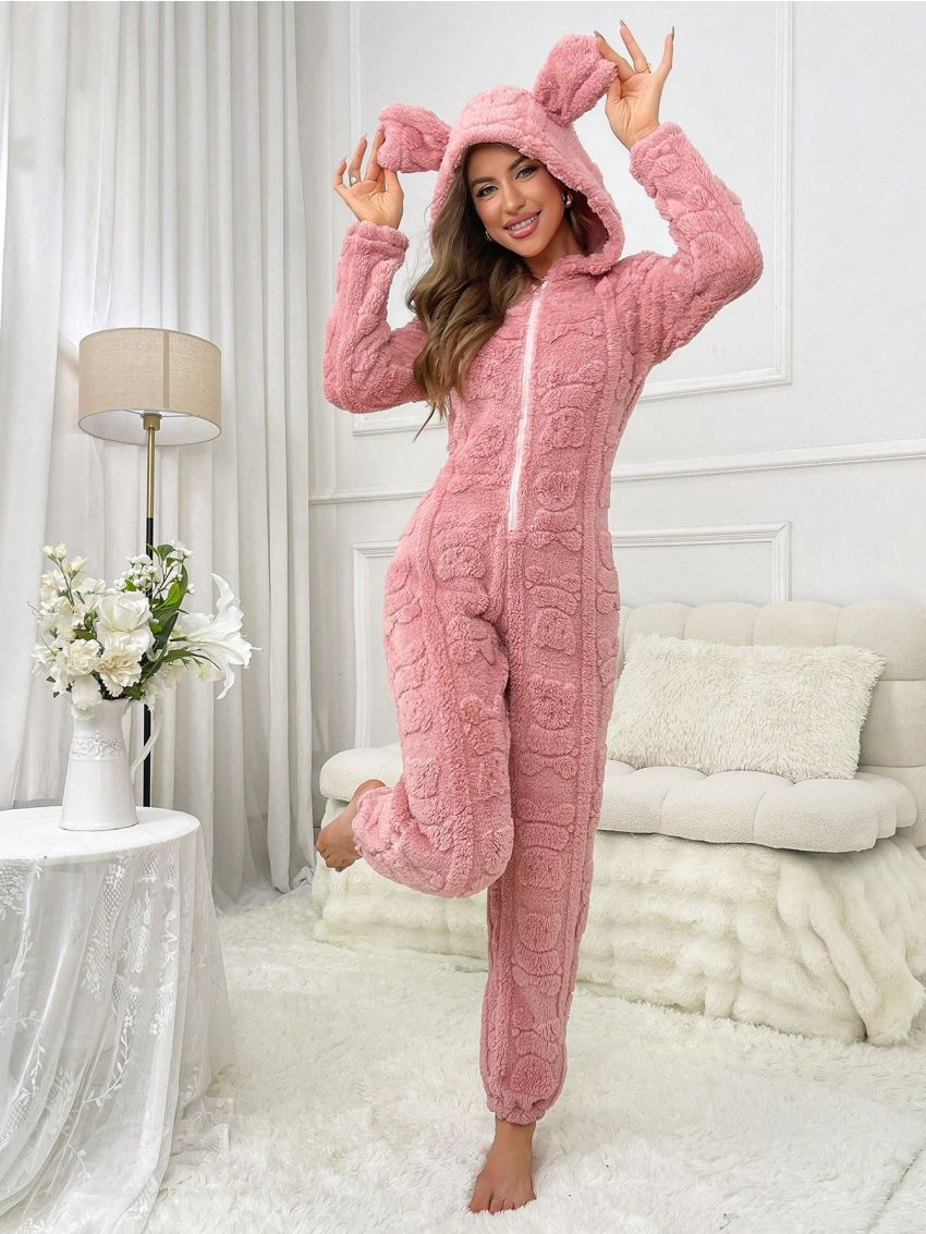 Women'S Plush Pajama Jumpsuit With Bear Pressed Design, Animal Ear And Fleece Material