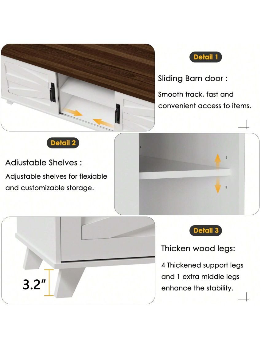 Farmhouse Coffee Table with Sliding Barn Doors & Storage, Modern Center Table Industrial Rectangular Cocktail Table with Adjustable Shelves for Living Room, White