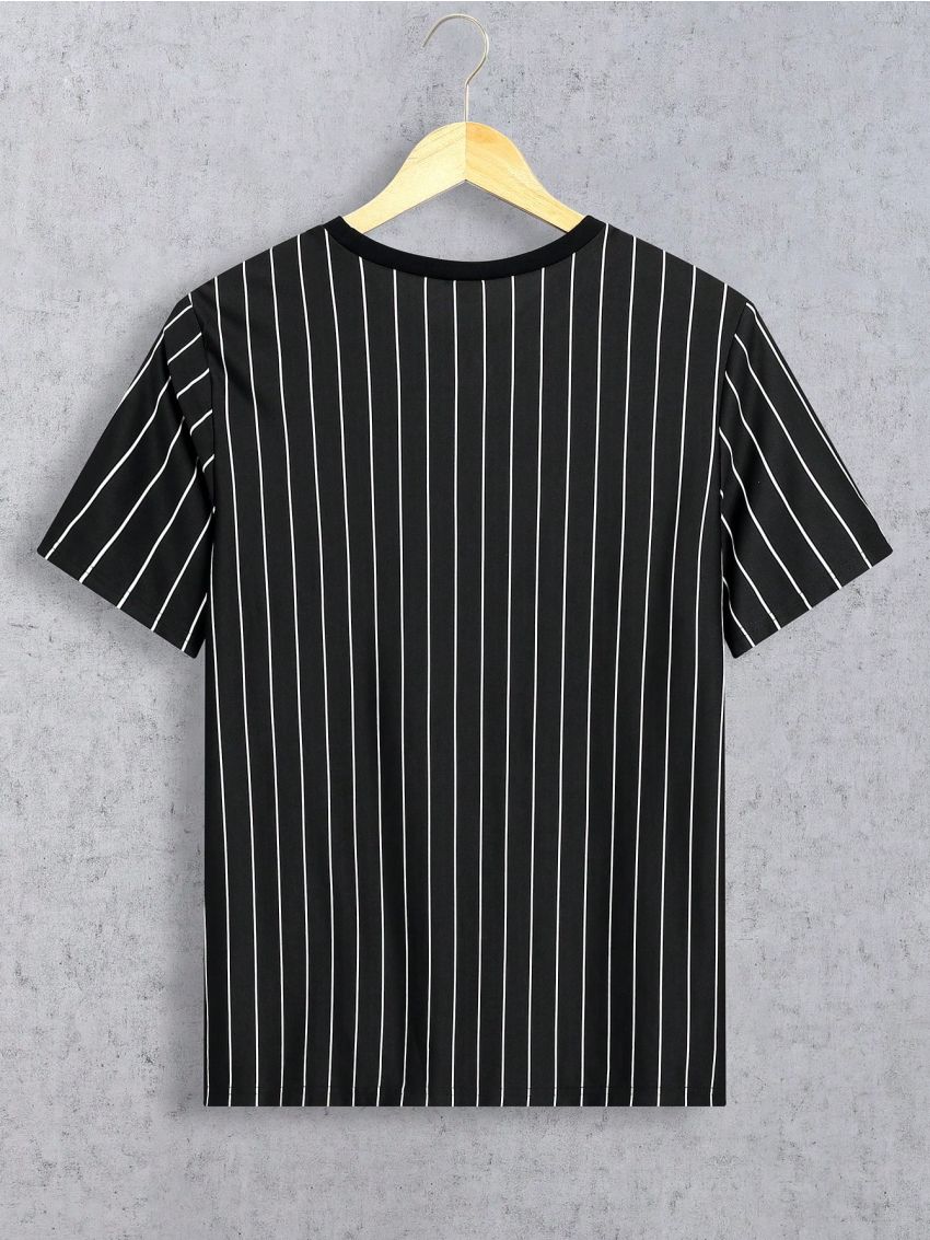 SHEIN Teen Boys' Casual Loose Fit Striped Short Sleeve T-Shirt With Letter Print