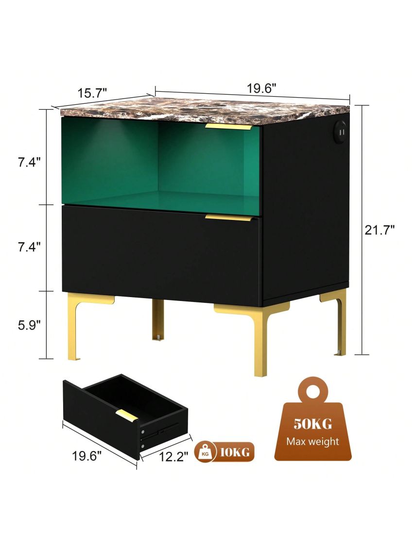 Imitation Marble High Gloss 2 Drawer Bedside Table with USB and Light Band.High Gloss Smart Bedside Table with Adjustable LED Lights, End Table Organizer for Bedroom Living Room Office Use.