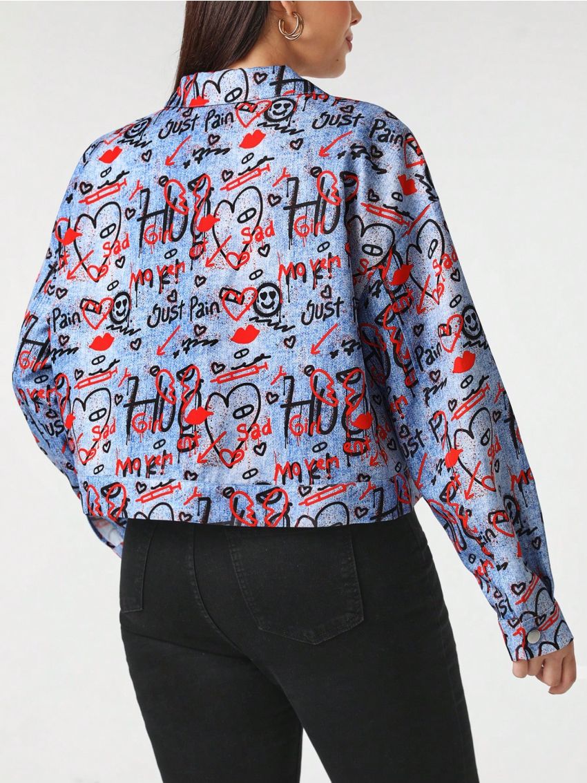 Space University Plus Size Graffiti Printed Drop Shoulder Jacket