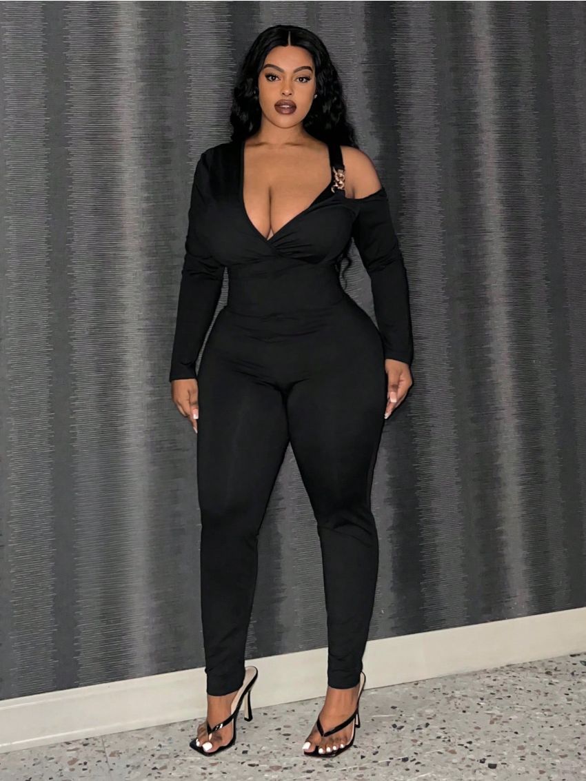 SHEIN Slayr Plus Size Women'S Irregular Collar Slim-Fit Jumpsuit