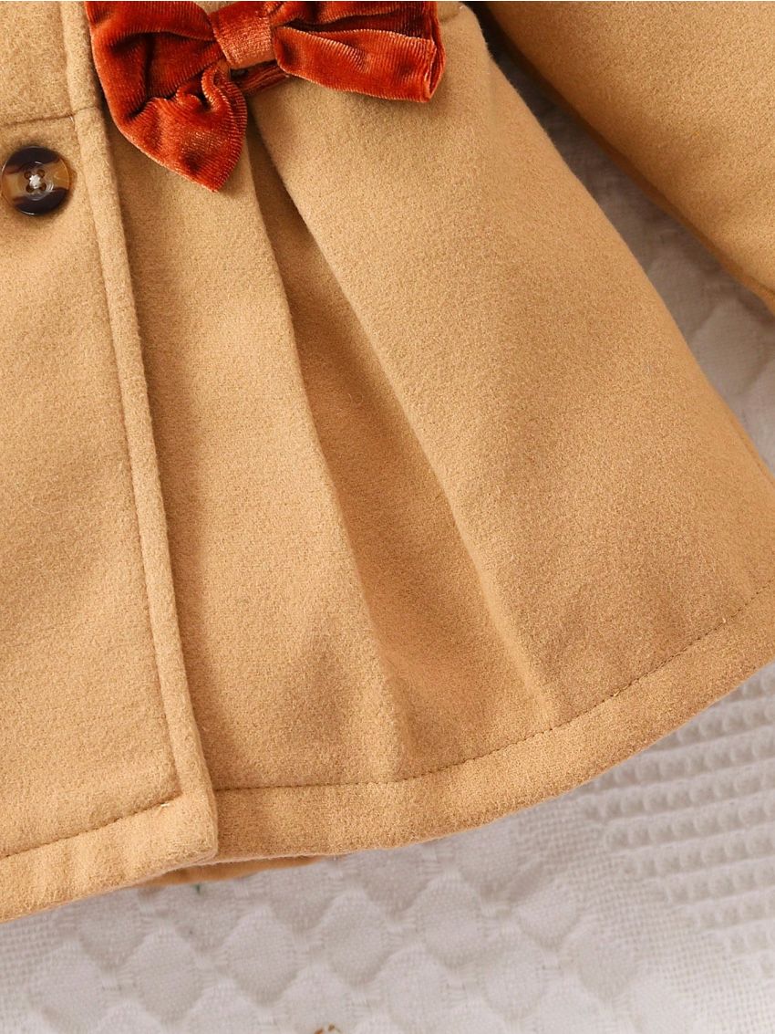 Baby Girl Contrast Trim Bow Front Fold Pleated Detail Hooded Overcoat