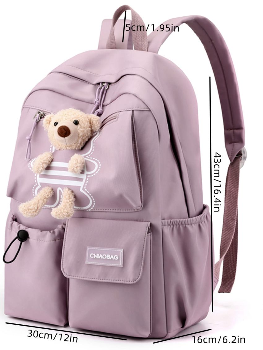 Letter Patch Decor Drawstring Front Functional Backpack With Bag Charm