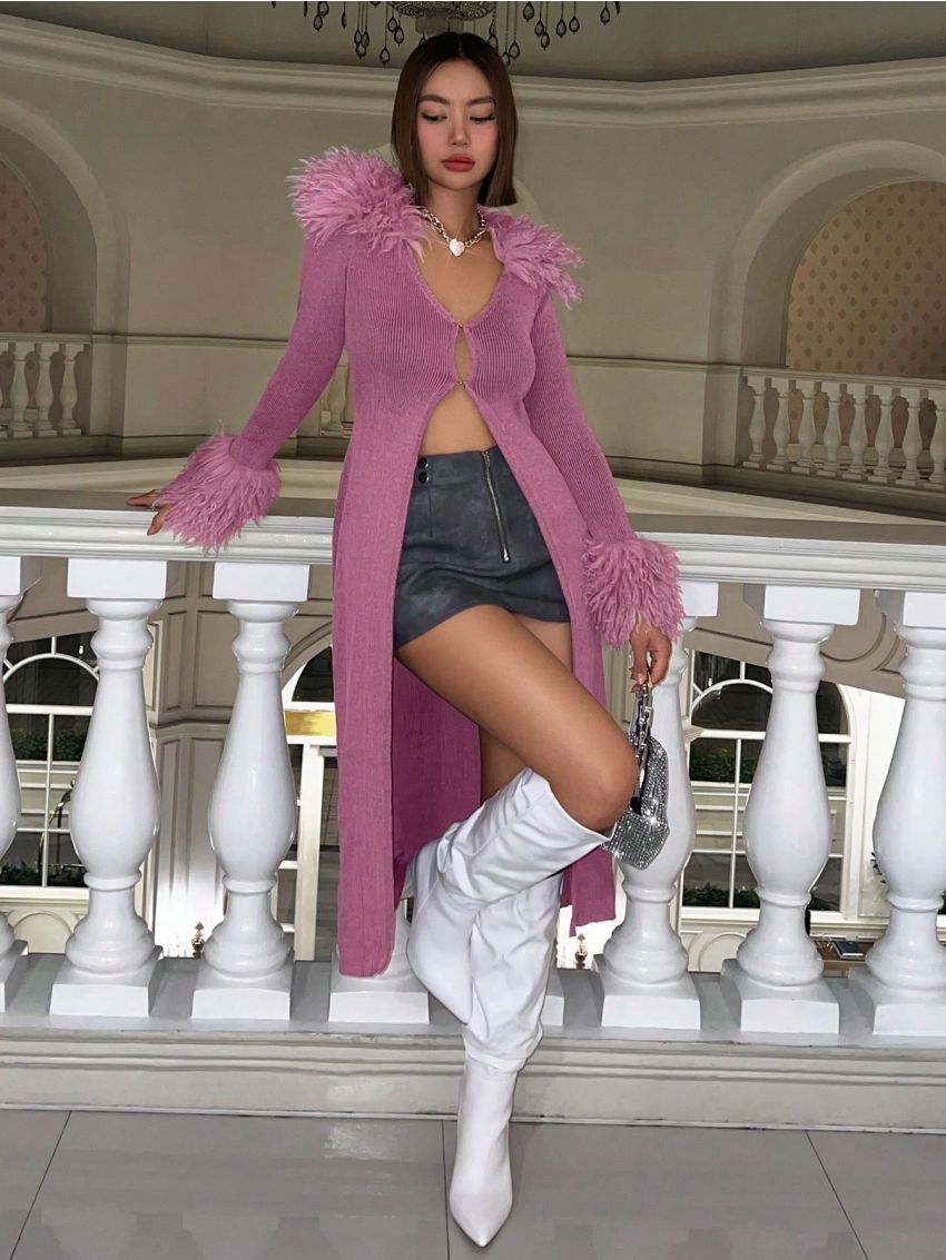 SHEIN ICON Fuzzy Trim Split Hem Cardigan
