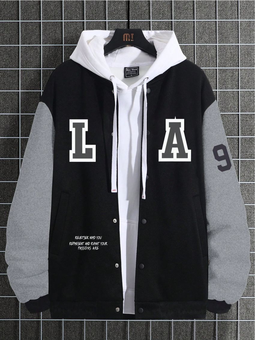 Manfinity Men Plus Slogan Graphic Colorblock Bomber Jacket Without Hoodie