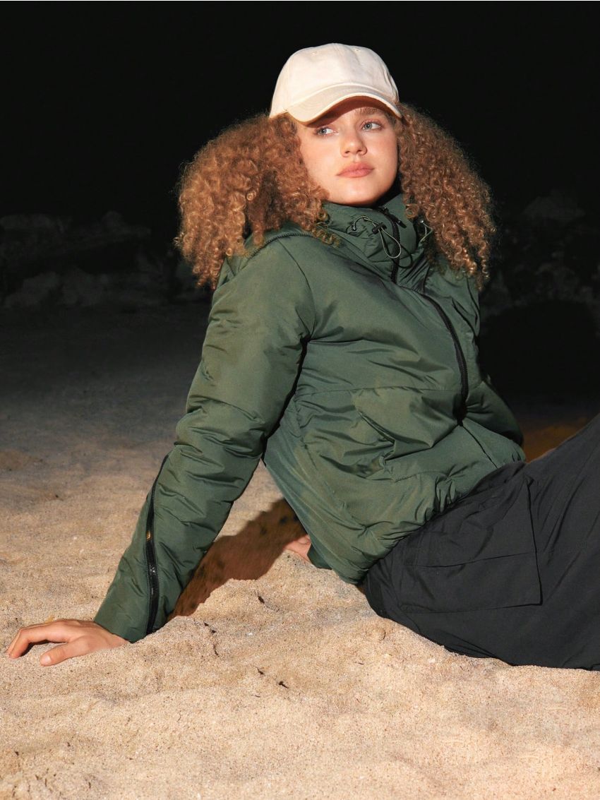 In My Nature Solid Zipper Up Drawstring Detail Puffer Coat